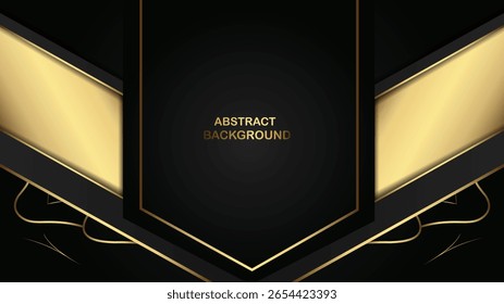Fundo abstrato elegante com linhas de ouro geométrico e formas camadas de uma tela preta profunda.