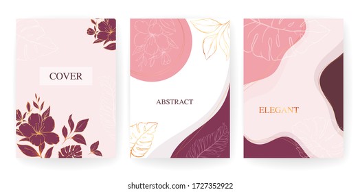 Elegant abstract Background. Gold line floral and shapes card template. Flowers background for wedding, greeting, poster, and cover design
