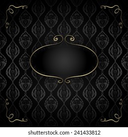 Elegant abstract background with golden frame for text on ornamental pattern in black. Luxury card or invitation. Vector