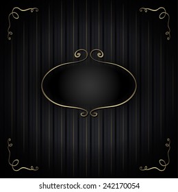 Elegant abstract background with golden frame for text on striped pattern in black. Luxury card or invitation. Vector