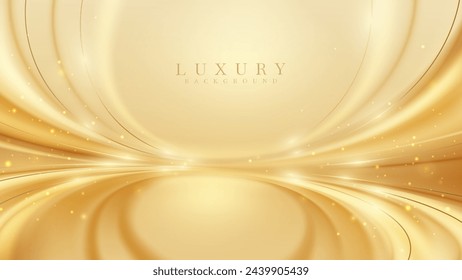 Elegant abstract background of golden swirls line with shimmering particles and bokeh decorations, Warm stage atmosphere idea for luxury branding.