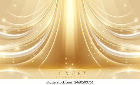 Elegant abstract background of golden swirls line with shimmering particles and bokeh decorations, Warm stage atmosphere idea for luxury branding.