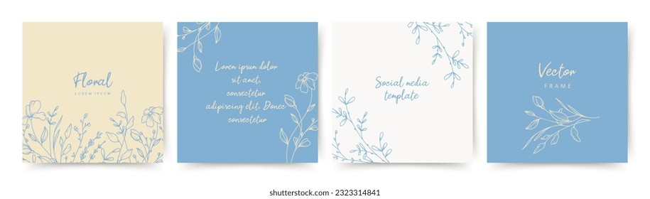 Elegant abstract background with hand drawn flower elements in beige and blue. Vector templates for social media stories and post, wedding invitation, greeting card, packaging, branding, design