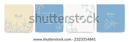 Elegant abstract background with hand drawn flower elements in beige and blue. Vector templates for social media stories and post, wedding invitation, greeting card, packaging, branding, design