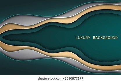 Elegant abstract background with layered, wavy shapes in dark green, gold, gray, and white.  Vector illustration