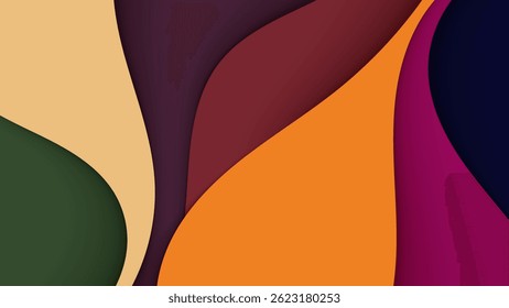 Elegant abstract background with smooth, flowing curves in warm earthy tones including orange, maroon, beige, green, and dark blue