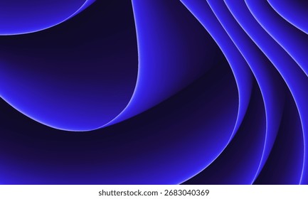 Fundo abstrato elegante com camadas curvas suaves e sobrepostas. Apresenta bordas de néon azuis brilhantes em um fundo escuro e futurista