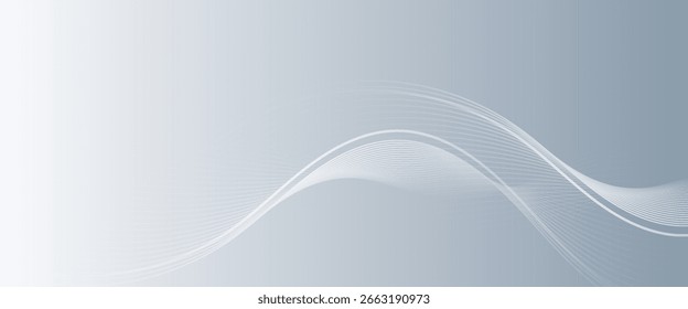 Elegant abstract background with smooth white flowing wave lines on a soft gray gradient, perfect for technology, business, or modern presentations.