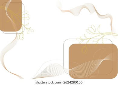 Elegant abstract background with soft brown rectangles, flowing wave lines, and minimalist floral elements. Perfect for invitations, posters, or digital templates with a natural touch