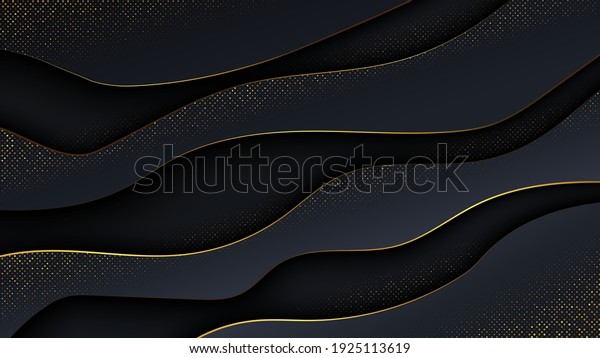 Elegant abstract 3d wallpaper in wave pattern using dark color and gradient contrast with golden border.