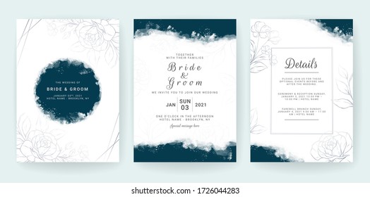 Elegant abstract Background. Wedding invitation card template set with blue watercolor and floral decoration. Flowers border for save the date, greeting, poster, and cover design