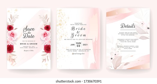 Elegant abstract background. Wedding invitation card template set with floral and gold watercolor decoration for save the date, greeting, poster, and cover design