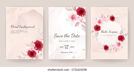 Elegant abstract background. Wedding invitation card template set with floral and gold watercolor decoration for save the date, greeting, poster, and cover design