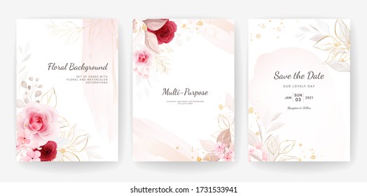Elegant abstract background. Wedding invitation card template set with floral and gold watercolor decoration for save the date, greeting, poster, and cover design - Shutterstock ID 1731533941