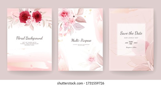 Elegant abstract background. Wedding invitation card template set with floral and gold watercolor decoration for save the date, greeting, poster, and cover design