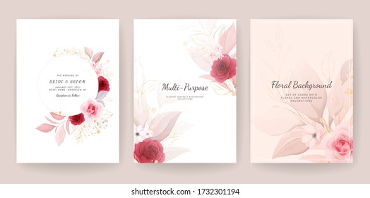 Elegant abstract background. Wedding invitation card template set with floral and gold watercolor decoration for save the date, greeting, poster, and cover design