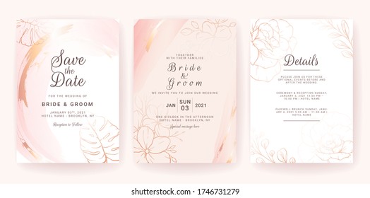 Elegante fondo abstracto. Plantilla de tarjeta de invitación de boda con salpicadura de color de agua dorada y línea floral. Traje de pincel para guardar la fecha, saludo, afiche y diseño de portada