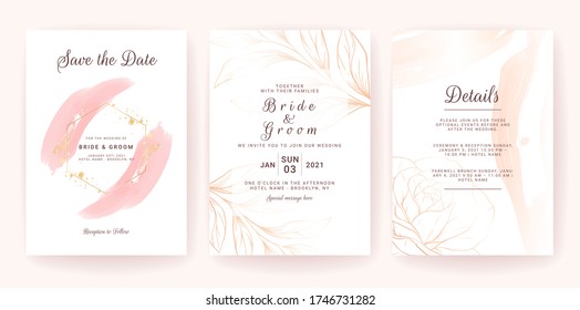 Elegant abstract background. Wedding invitation card template set with gold watercolor splash and floral line. Brush stroke for save the date, greeting, poster, and cover design