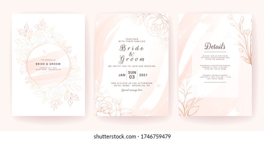 Elegant abstract background. Wedding invitation card template set with geometric frame, gold watercolor splash, and floral line. Brush stroke for save the date, greeting, poster, and cover design