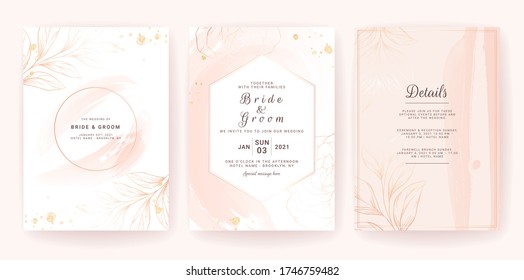 Elegant abstract background. Wedding invitation card template set with geometric frame, gold watercolor splash, and floral line. Brush stroke for save the date, greeting, poster, and cover design