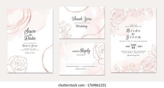 Elegant abstract background. Wedding invitation card template set with watercolor splash and gold floral decoration. Brush stroke for save the date, greeting, poster, and cover design