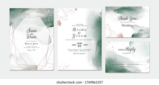 Elegant abstract background. Wedding invitation card template set with watercolor splash and gold geometric frame. Brush stroke for save the date, greeting, poster, and cover design