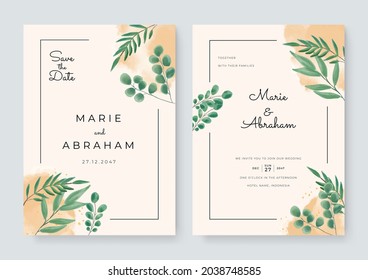 Elegant abstract background. Wedding invitation card template set with floral and gold watercolor decoration for save the date, greeting, poster, cover design, social media template and more