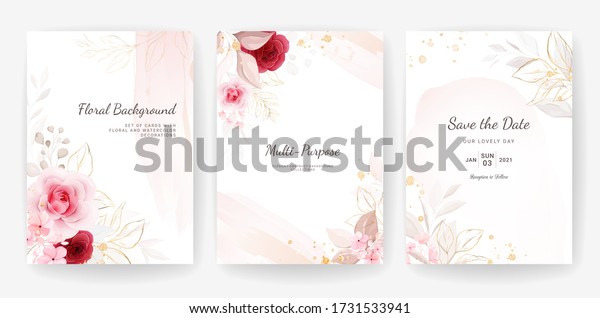 Elegant abstract background.\
Wedding invitation card template set with floral and gold\
watercolor decoration for save the date, greeting, poster, and\
cover design