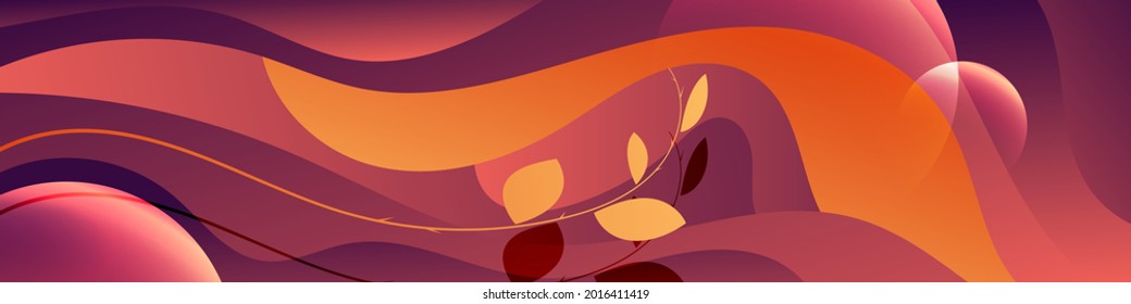 elegant abstract banner in burgundy coral colors. a smoothly curved branch with leaves against a background of overlapping wavy shapes, glare, glow. vector 