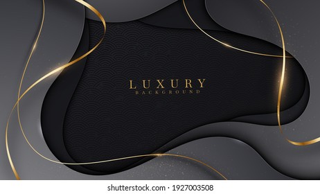 Elegant abstract black background with line golden elements. Realistic luxury paper cut style 3d modern concept. vector illustration for design. - Shutterstock ID 1927003508