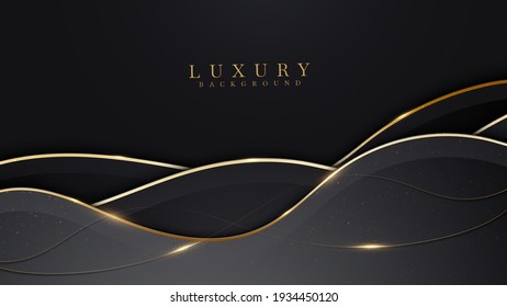 Elegant abstract black background with line golden elements. Realistic luxury paper cut style 3d modern concept. vector illustration for design.