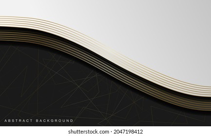 Elegant abstract black and white curve background with line golden elements. Realistic luxury 3d modern concept.