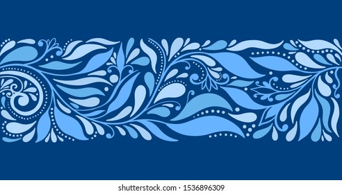 Elegant abstract blue border leaves. Vintage hand drawn style.Ornamental florish frame.Vector illustration