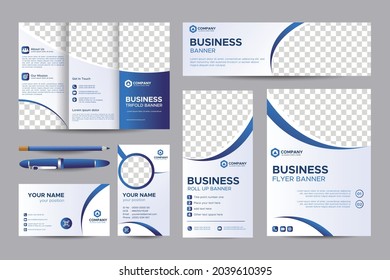 Elegant Abstract Blue Business Stationery Template set for Company Brand. Trifold brochure, Web banner, Roll up banner, Flyer, Business Card, Name Card, Id. Corporate printable layout with CMYK design