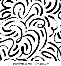 Elegant abstract brush strokes vector seamless pattern. Black grunge curves printmaking texture. Dry brush smears decorative background. Monochrome hand drawn textile, wallpaper, wrapping design