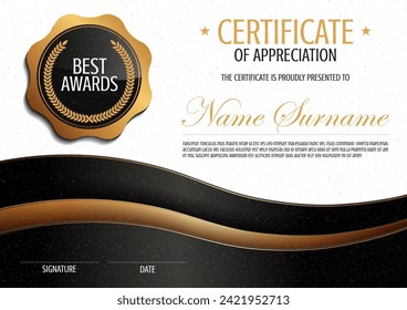 Elegant Abstract certificate of appreciation, Minimal Template with Luxury Black and Gold Colors for Modern Artistic Banner Background Design for Celebrations and Events