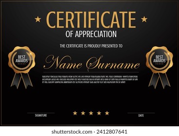 Elegant Abstract Certificate Frame, Minimal Template with Luxury Black and Gold Colors for Modern Artistic Banner Background Design for Celebrations and Events
