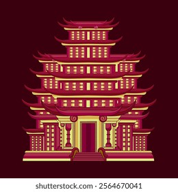 Elegant Abstract Chinese Temple in Traditional Way with Red background.