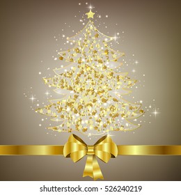Elegant abstract Christmas background. Christmas tree and gold bow. Vector illustration