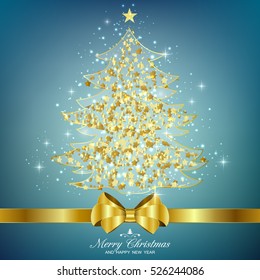 Elegant abstract Christmas background. Christmas tree and gold bow on blue background. Vector illustration