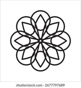 Elegante padrão circular abstrato com redemoinhos caligráficos formando um desenho de roseta geométrica ou mandala isolado no branco