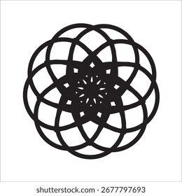 Elegante padrão circular abstrato com redemoinhos caligráficos formando um desenho de roseta geométrica ou mandala isolado no branco