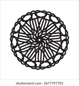 Elegante padrão circular abstrato com redemoinhos caligráficos formando um desenho de roseta geométrica ou mandala isolado no branco