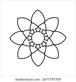 Elegante padrão circular abstrato com redemoinhos caligráficos formando um desenho de roseta geométrica ou mandala isolado no branco
