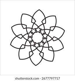 Elegante padrão circular abstrato com redemoinhos caligráficos formando um desenho de roseta geométrica ou mandala isolado no branco