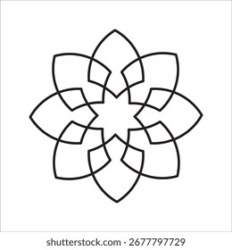 Elegante padrão circular abstrato com redemoinhos caligráficos formando um desenho de roseta geométrica ou mandala isolado no branco