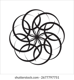 Elegante padrão circular abstrato com redemoinhos caligráficos formando um desenho de roseta geométrica ou mandala isolado no branco
