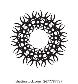 Elegante padrão circular abstrato com redemoinhos caligráficos formando um desenho de roseta geométrica ou mandala isolado no branco