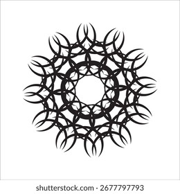 Elegante padrão circular abstrato com redemoinhos caligráficos formando um desenho de roseta geométrica ou mandala isolado no branco