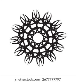 Elegante padrão circular abstrato com redemoinhos caligráficos formando um desenho de roseta geométrica ou mandala isolado no branco